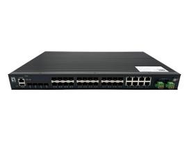 LevelOne 28-Port L2 Plus Managed Gigabit Fiber Industrial Switch, 4x 1.25/2.5GbE SFP, 16x 1.25GbE SFP, 8x Gigabit SFP/RJ45 Combo, Redundant Power Supply, -40°C to 80°C