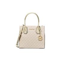 Michael Kors MK Mercer Signature Logo Metal Accordion Coated Canvas Medium Shoulder Crossbody Bag Women bags Vanilla 35H3GM9M2B-PLGLDMULTI Basic Set (Bag+Dust Bag)