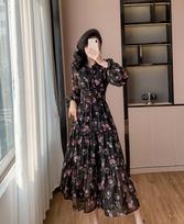 High-Quality Hong Kong Style Floral Ruffled Long Dress - Korean Chic Resort & Sweet Waist-Cinched Skirt L