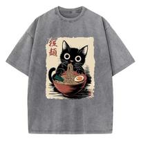 Oversize Japanese Style Ramen Cat T Shirt Vintage Washed Cotton T-Shirt Graphic Tee Casual Streetwear Spring Summer S
