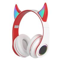 Bluetooth suderinamos ausinės su LED švytėjimu, mielomis velnio ausimis, Hi-Fi stereo bosu, belaidės ausinės vaikams balta