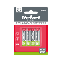 Akumuliatoriai ir baterijos // AA, AAA ir kitų dydžių baterijos, įkrovikliai – galima užsakyti // Akumulatorki REBEL AAA, 900 mAh, Ni-MH, 1,2V, 4szt/bl , R3