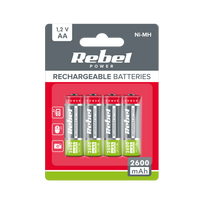 Akumuliatoriai ir baterijos // AA, AAA ir kitų dydžių baterijos, įkrovikliai – galima užsakyti // Akumulatorki REBEL AA , 2600 mAh, Ni-MH, 1,2V, 4szt/bl , R6