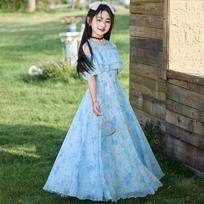 Little Girls Summer Thin Floral Print Princess Long Chiffon Dress 120cm mėlyna