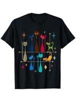 Retro Cat Graphic Tee for Both Genders, Mid-Century Modern Design, Round Collar, XXL