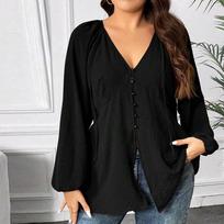 Plus Size Women V Neck Loose Long Sleeve Casual Daily T Shirt Top 1XL juoda