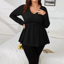 Plus Size Women V Neck Long Sleeve Slim Fit Casual T Shirt Top 1XL juoda