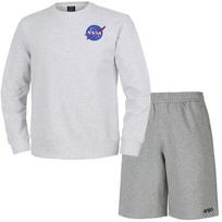 Nasa Unisex Loose Fit Sweatshirt With Wappen + Knee-Length Cotton Shorts Set [Melange White + Light Melange] 110