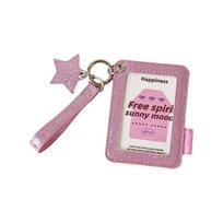 Shiny Star Charm Photocard Holder Glitter PU Card Sleeve Cute Keychain Bag Pendant  Metro Card rožinė