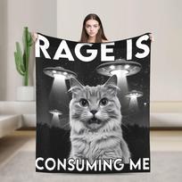 Rage Is Consuming Me Cat Staring Cat Meme Ufo Flannel Blanket Warm Soft Bedding Throws for Home Decor Bedspread Sofa Bed Cover Size: 75*100cm, Weight: 230 GSM