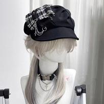 Irregular Plaid Beret Hat Rabbit Ears Newsboy Peaked Hat Sweet Painter Artist Cap  Women Style A Black