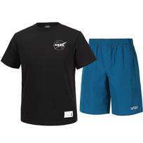 Nasa Unisex Cotton Blend Training Short Sleeve T-Shirt + Woven Knee-Length Shorts Set [Black + Green/Blue] 105