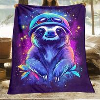 Cosmic Sloth Astronaut Fleece Blanket Cute Space Animal Throw Blanket Galaxy Print Soft Plush Bedding Gift for Kids Teens Purple Size: 75*100cm, Weight: 230 GSM