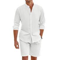 Men Stand Collar Linen Two Piece Matching Set Roll Sleeve Shirt Drawstring Shorts Summer Beach Casual Suit S balta