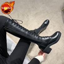 Madingi ilgi aukštakulniai batai su raišteliais Balti raišteliais užsegami Žieminiai batai iki kelių Moterims Elegantiški odiniai darbiniai aukštakulniai PU 40 black
