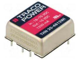 Converter: DC/DC | 20W | Uin: 18÷75VDC | Uout: 15VDC | Iout: 1330mA | THT