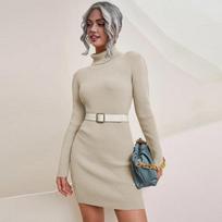 Moteriška megztinė su vėžliu ilgomis rankovėmis, elastinga, plona megztinė Bodycon megztinė suknelė L abrikosas