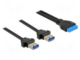 Cable | USB 3.0 | USB A socket x2,19pin pin header | 0.8m | black