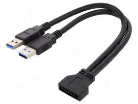 Cable | USB 3.0 19pin,USB A plug x2 | 0.25m | black | 24AWG,28AWG