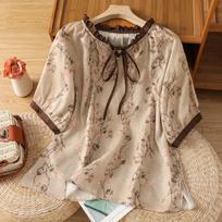 Literary Retro Fungus Collar Lace-up Printed Shirt Fashionable Round Neck Short-sleeved Pullover Comfortable Pullover Top L smėlis