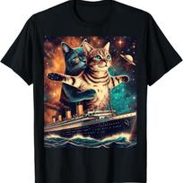Funny Titanic Cat Meme Space Adventure T-Shirt S juoda