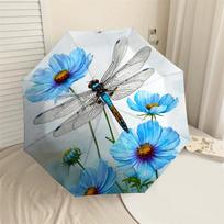 1PC Dragonfly, Blue_flowersAutomatic Open/Close Umbrella with Windproof, 8-Rib Sturdy Canopy, Durable Ribs, Fashionable Design, Outdoor Accessory, Fun