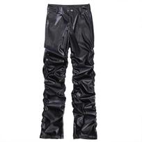 Hip Hopas vyriškos klostuotos pu odinės kelnės Harajuku Retro Streetwear Laisvos raukšlėtos laisvalaikio kelnės Tiesios vientisos spalvos juodos kelnės L juoda