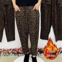 Leopardo rašto storintos elastinės juosmens haremo kelnės - Žieminės laisvalaikio stilingos žibintuvėlio kelnės 4XL gray
