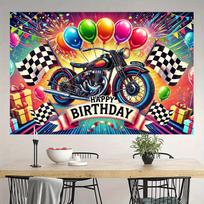 2D Biker Happy Birthday Backdrop - Motorcycle Party Photo Booth Background 47.2x31.5inch/120*80cm