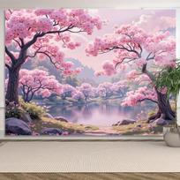 2D Romantic Sakura Garden Backdrop Cherry Blossom Lake Photo Background 47.2x31.5inch/120*80cm