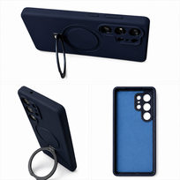 Galinis dėklas Samsung Galaxy S25 Ultra, su stovu, MagSafe, Soft Touch silikonas, tamsiai mėlynas