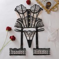 Women's Sexy Slim-Fit Lingerie Set Embroidered Mesh Spliced Shaping Underwear Light Luxury Thin Push-Up Lingerie Set S juoda