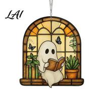 Double-sided Translucent Suncatcher Halloween Ghost Reading Sun Catcher Stained Glass Style Window Hanging Outdoor Decoration Ornament Cute for Home S 1pc