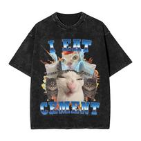 I Eat Cement Funny Cat Meme Washed T Shirt Vintage Harajuku Men Women Fun Cursed Cats Oversize T-Shirts Short Sleeve S įvairiaspalvis