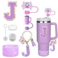 8PCS Accessories Set for Stanley Cup Purple 30oz 40oz tumbler Silicone Straw Topper Cover Cap Boot Handle Charm Initials Sticker J-Purple-8pcs