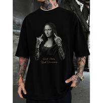 Men's Black Oversized Graphic T-Shirt With Mona Lisa Print And 'Good Vibes Bad Decisions' Slogan For Streetwear S juoda