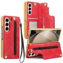 VIETAO PU Leather Z Fold 7 Phone Case with Pen Slot, Cards Wallet Holder,Hand Strap Compatible with Samsung Galaxy Z Fold 6 5 4 For Samsung Z Fold 6 raudona