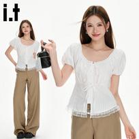 CHOCOOLATEit Women's Lace Spliced Puff Sleeve Tie-Up T-Shirt L balta