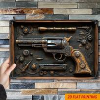 Vintage Metal Wall Decor with Revolver and Gears Design for Man Cave or Bar - 12x8 Inches 20X30CM