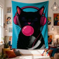 Cool Cat with Headphones Tapestry, Bubble Gum Pop Art Wall Hanging Funny Black Cat Decor Retro Aesthetic for Bedroom Living Room 100X70CM