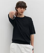 Mind Bridge Tip Color Block Cable Semi-Oversized Short Sleeve Knit Bk(Black)/095