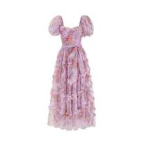 Bubble Sleeve Long Dress Fungus Edge Flower Skirt Fairy Dress S violetinė