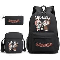 New Labubu peripheral printing student trend schoolbag backpack shoulder pencil case 3-piece set Three-piece set