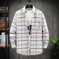 Men's Plaid Long-sleeved Shirt Hong Kong Style Fashion Loose Lapel Casual Shirt Men's Top M