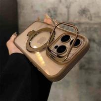 Metal Ring Magnetic Glass Lens Stand Phone Case for iPhone 15 11 13 14 12 16 pro Max 15 plus Magsafe Funda Clear Protector Cover for iPhone16 proMax