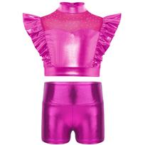 Children‘s Jazz Dancewear Rhinestone Embellished Mock Neck Mesh Patchwork Crop Top and Glitter Shorts for Recital Show 5-6 Years karšta rožinė spalva