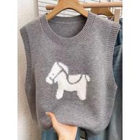 Cartoon Jacquard Pony Sweater Vest Cardigan Women's Fall-winter New Style Multi-layer Wearable, Trendy, Sleeveless Knitted Top One size pilka spalva