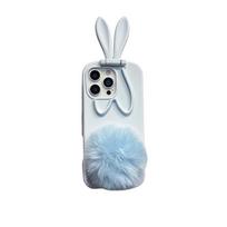 Mielas 3D triušis ilgomis ausimis, stovas, šiltas pūkuotas uodegytė, minkštas silikoninis dėklas, skirtas iPhone 17 16 15 14 13 Pro Max, laikiklis, dangtelis iPhone 15 šviesiai mėlyna spalva