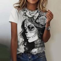 Women's T-shirt for Girls Short Sleeve Casual Sexy Girls Clothes Summer Day of the Dead Undead Skull Pattern oversized T-shirts S