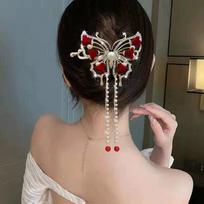 Luxury Vintage Red Rose Butterfly Tassel Grab Clip Elegant Large Wedding Hair Claw Clip Delicate Hair Accessory Gift For Brides